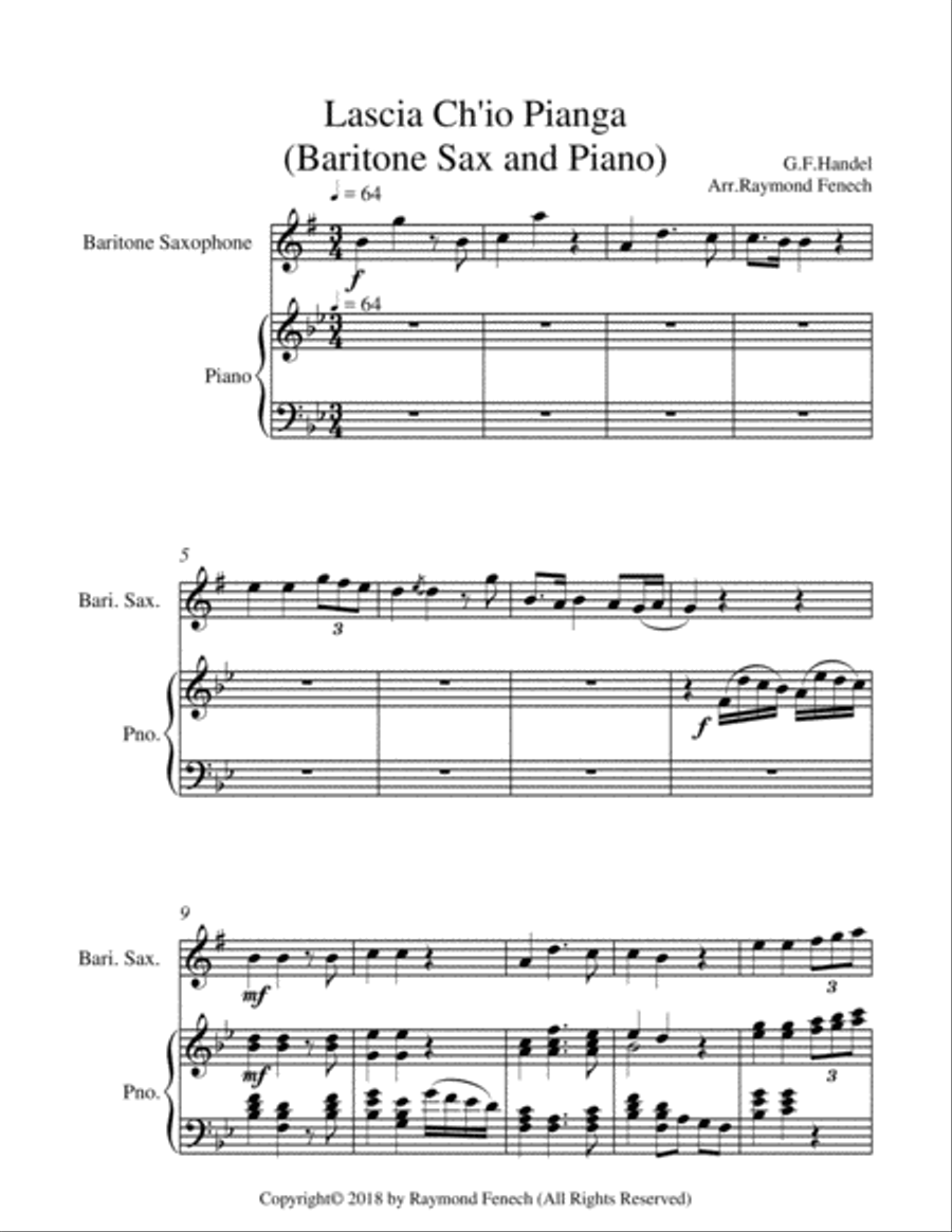 Lascia Ch'io Pianga - From Opera 'Rinaldo' - G.F. Handel ( Baritone Saxophone and Piano) Chamber Orchestra scores gallery preview page 5
