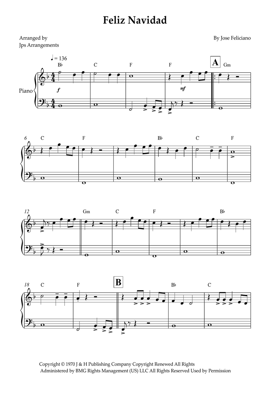 Feliz Navidad Easy Piano scores gallery preview page 1