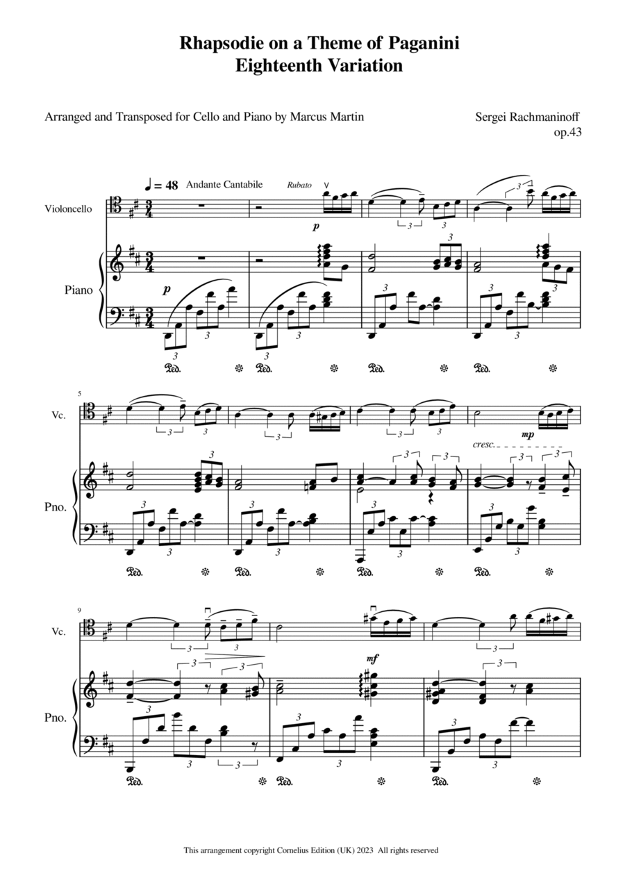 Rhapsody on a Theme of Paganni Eighteenth Variation arranged for Cello and Piano D major Piano scores gallery preview page 1