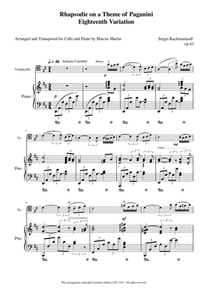 Rhapsody on a Theme of Paganni Eighteenth Variation arranged for Cello and Piano D major