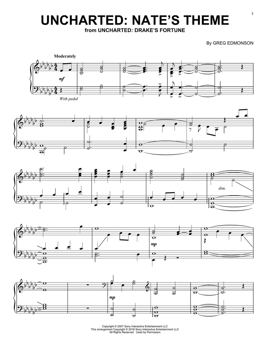 Uncharted: Nate's Theme (from Uncharted: Drake's Fortune) Piano Solo scores gallery preview page 1