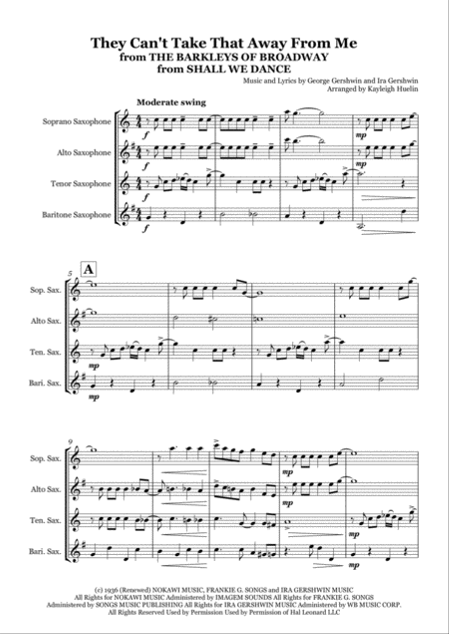 They Can't Take That Away From Me from THE BARKLEYS OF BROADWAY from SHALL WE DANCE Saxophone Quartet scores gallery preview page 1