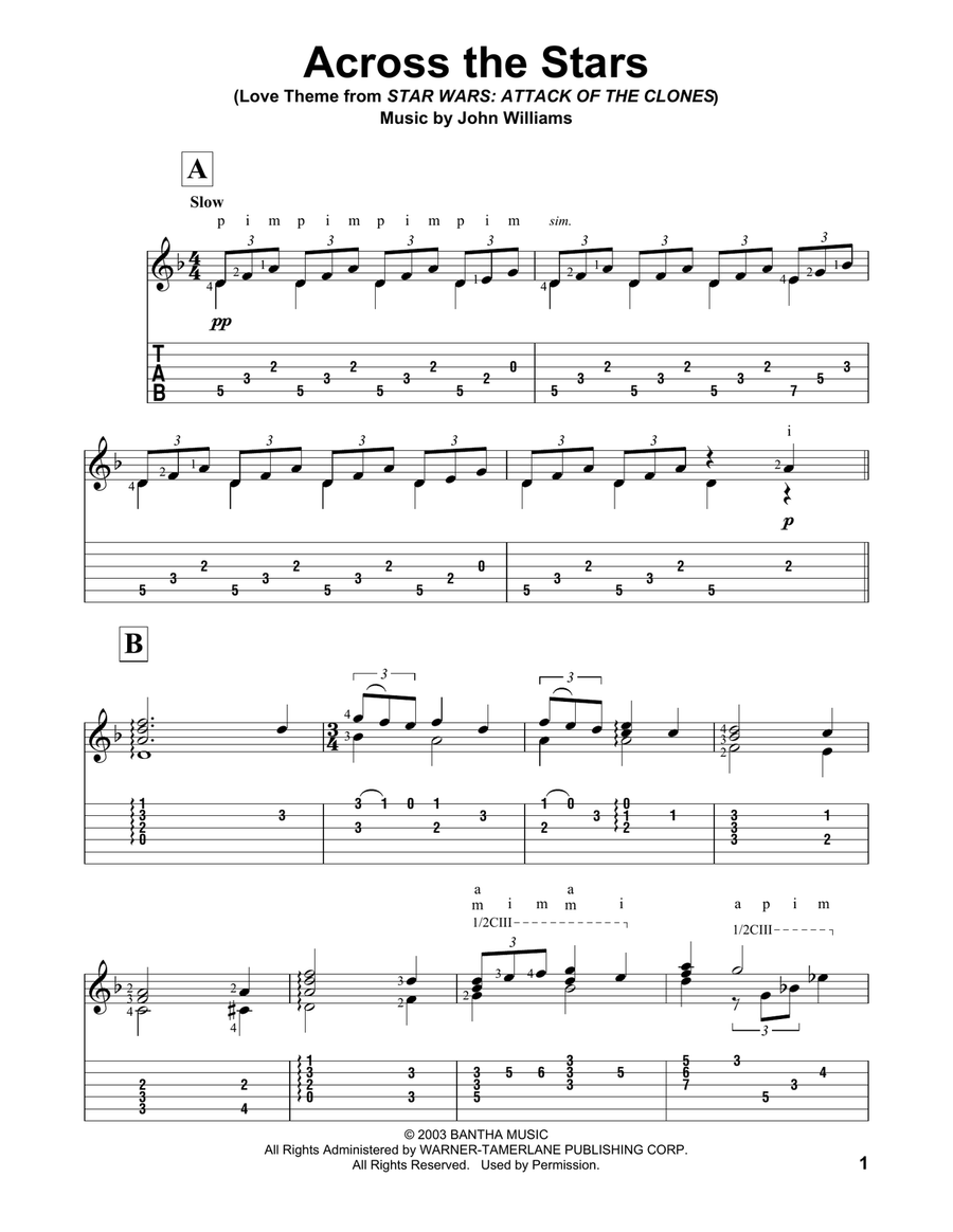 Across The Stars (from Star Wars: Attack of the Clones) Acoustic Guitar scores gallery preview page 1