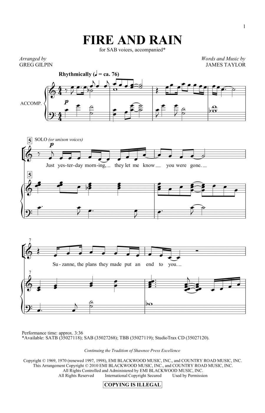 Fire And Rain (arr. Greg Gilpin) 3-Part scores gallery preview page 1