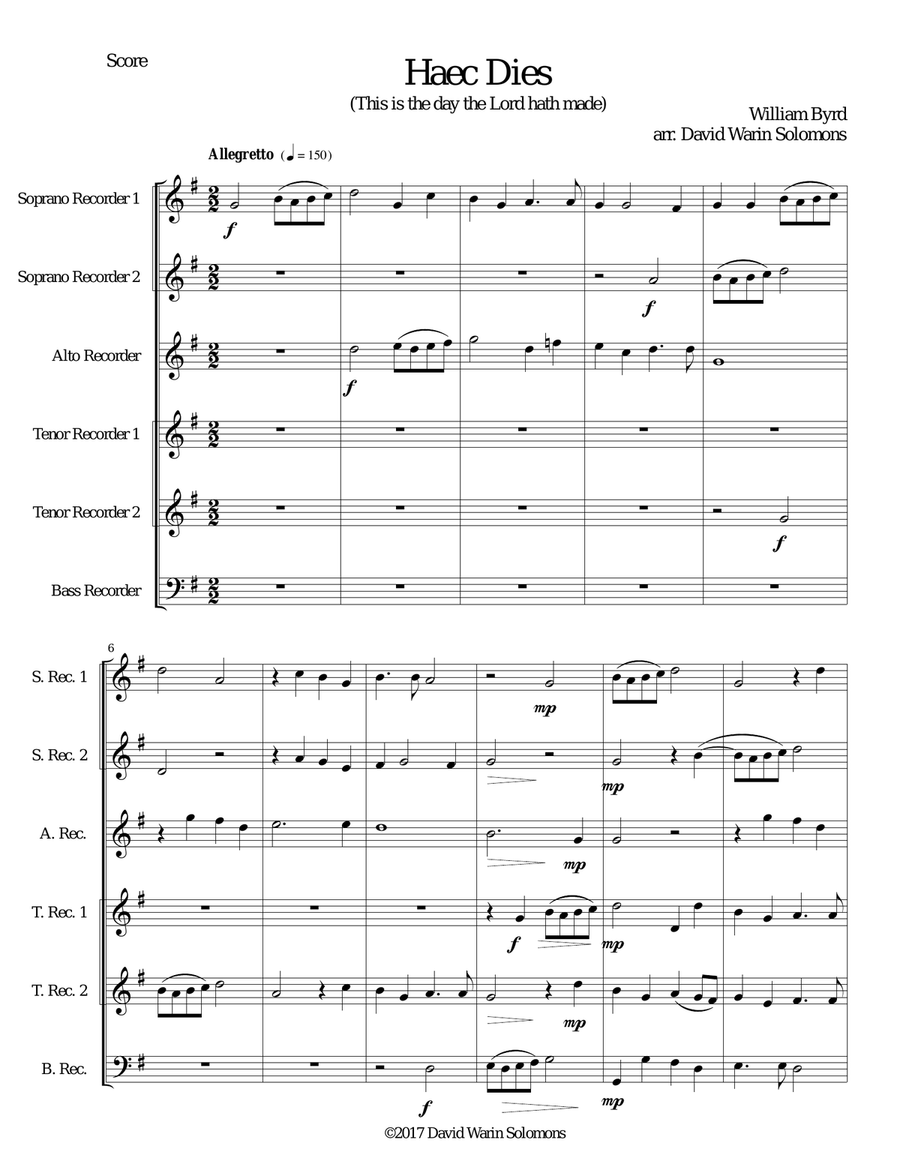 Haec Dies for recorder sextet