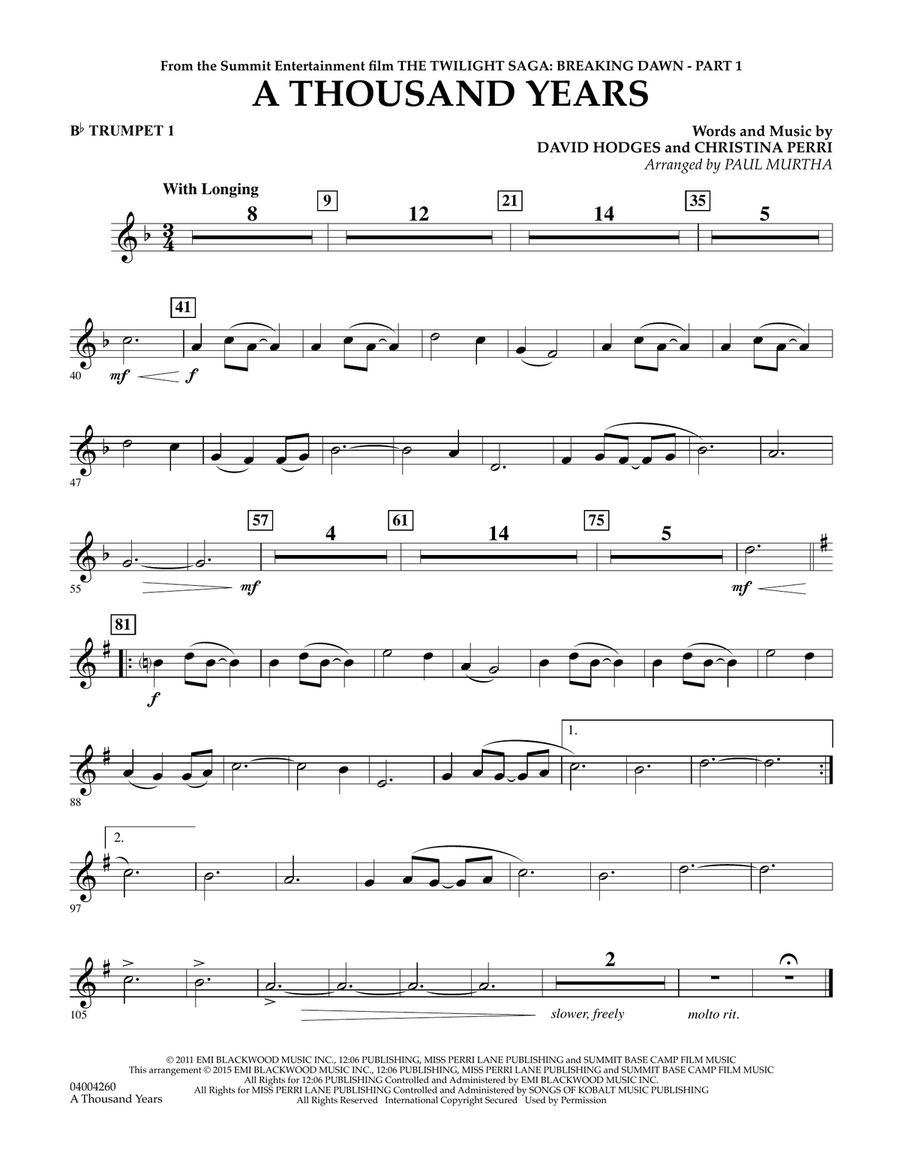 A Thousand Years (from The Twilight Saga: Breaking Dawn, Part 1) - Bb Trumpet 1 Concert Band scores gallery preview page 1