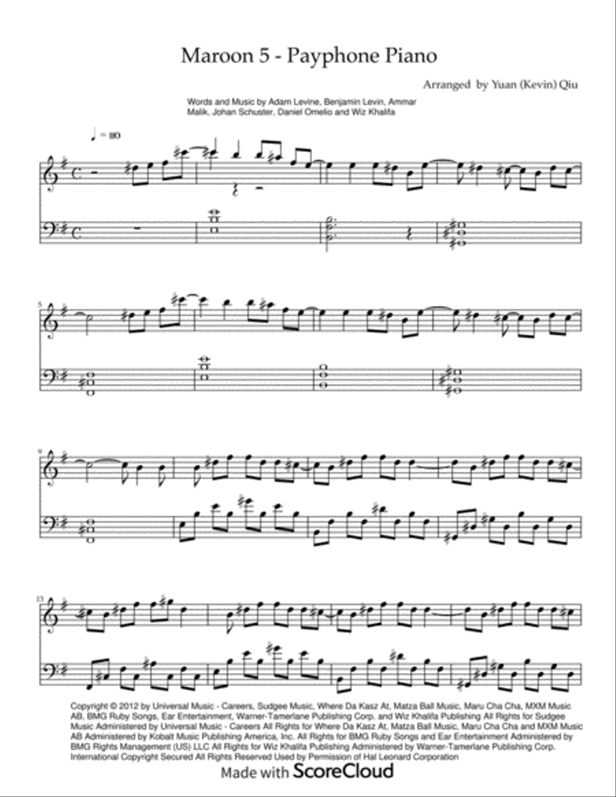 Payphone Piano Solo scores gallery preview page 1