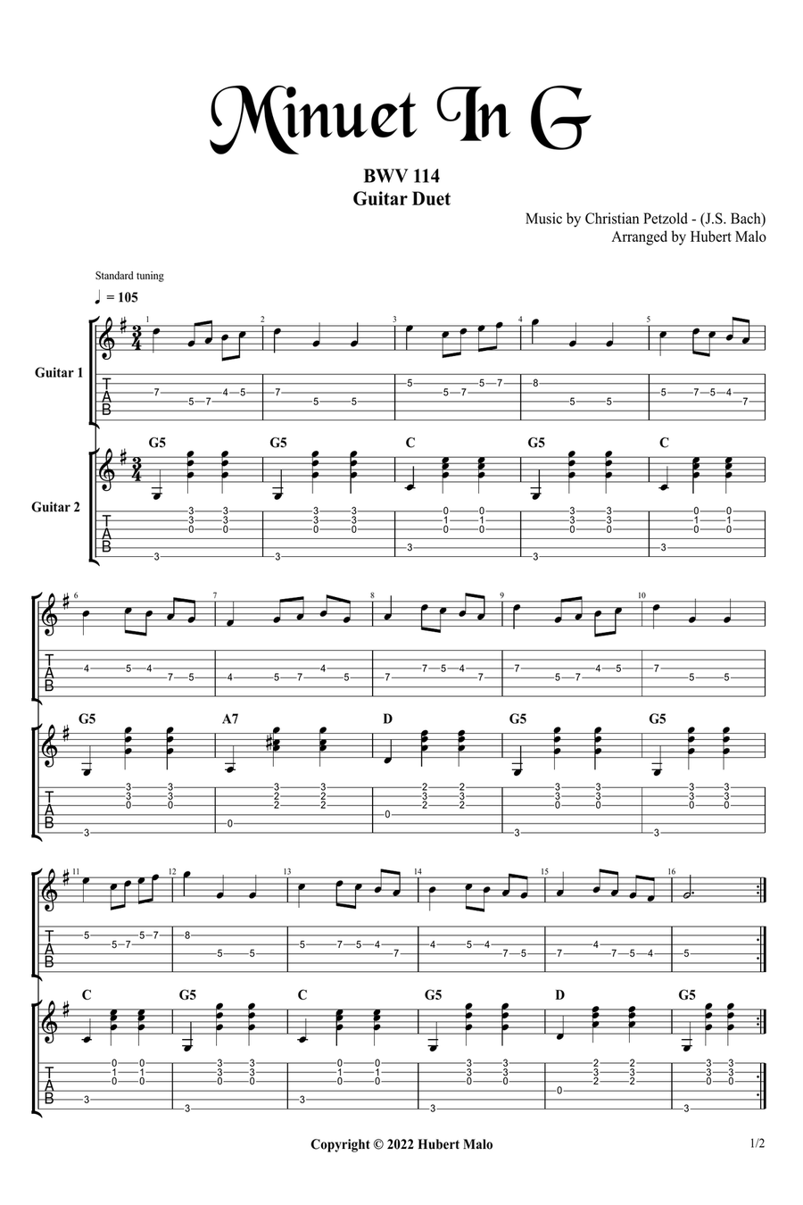 Minuet In G Major BWV 114 (Guitar Duet) Acoustic Guitar scores gallery preview page 1