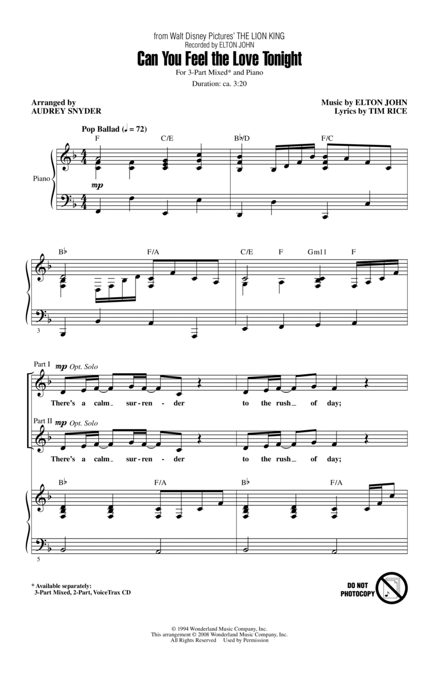 Can You Feel The Love Tonight (from The Lion King) (arr. Audrey Snyder) 3-Part scores gallery preview page 1