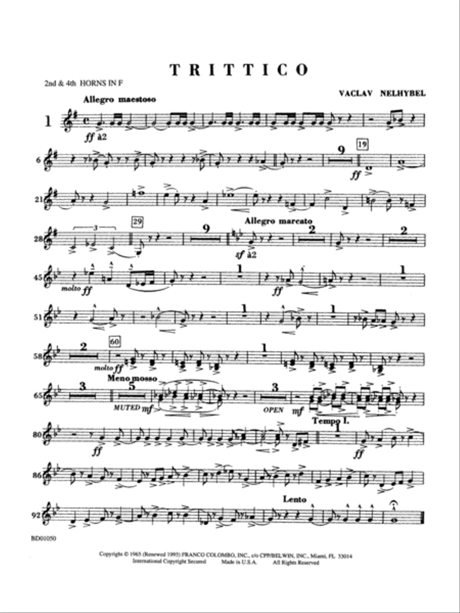 Trittico: 2nd & 4th Horns in F Concert Band scores gallery preview page 1