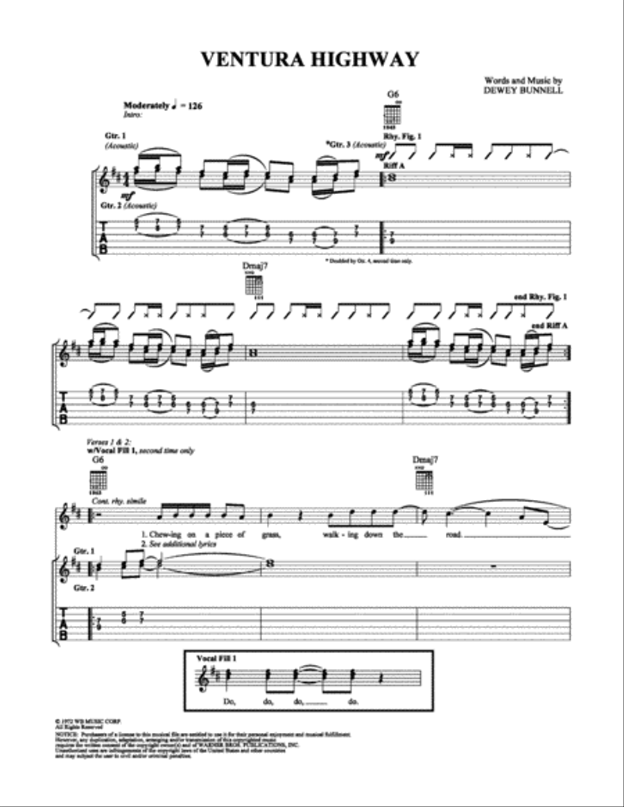 Ventura Highway Guitar Tablature scores gallery preview page 1