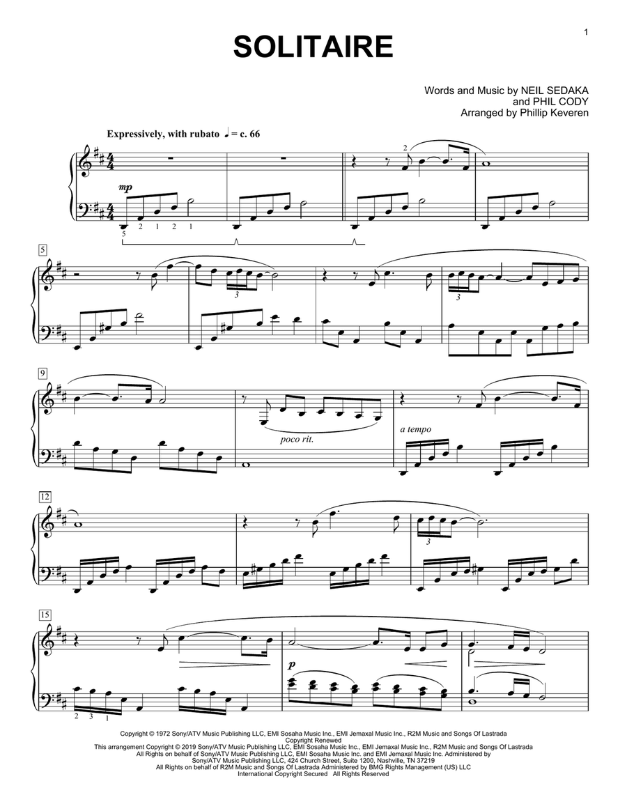 Solitaire (arr. Phillip Keveren) Piano Solo scores gallery preview page 1