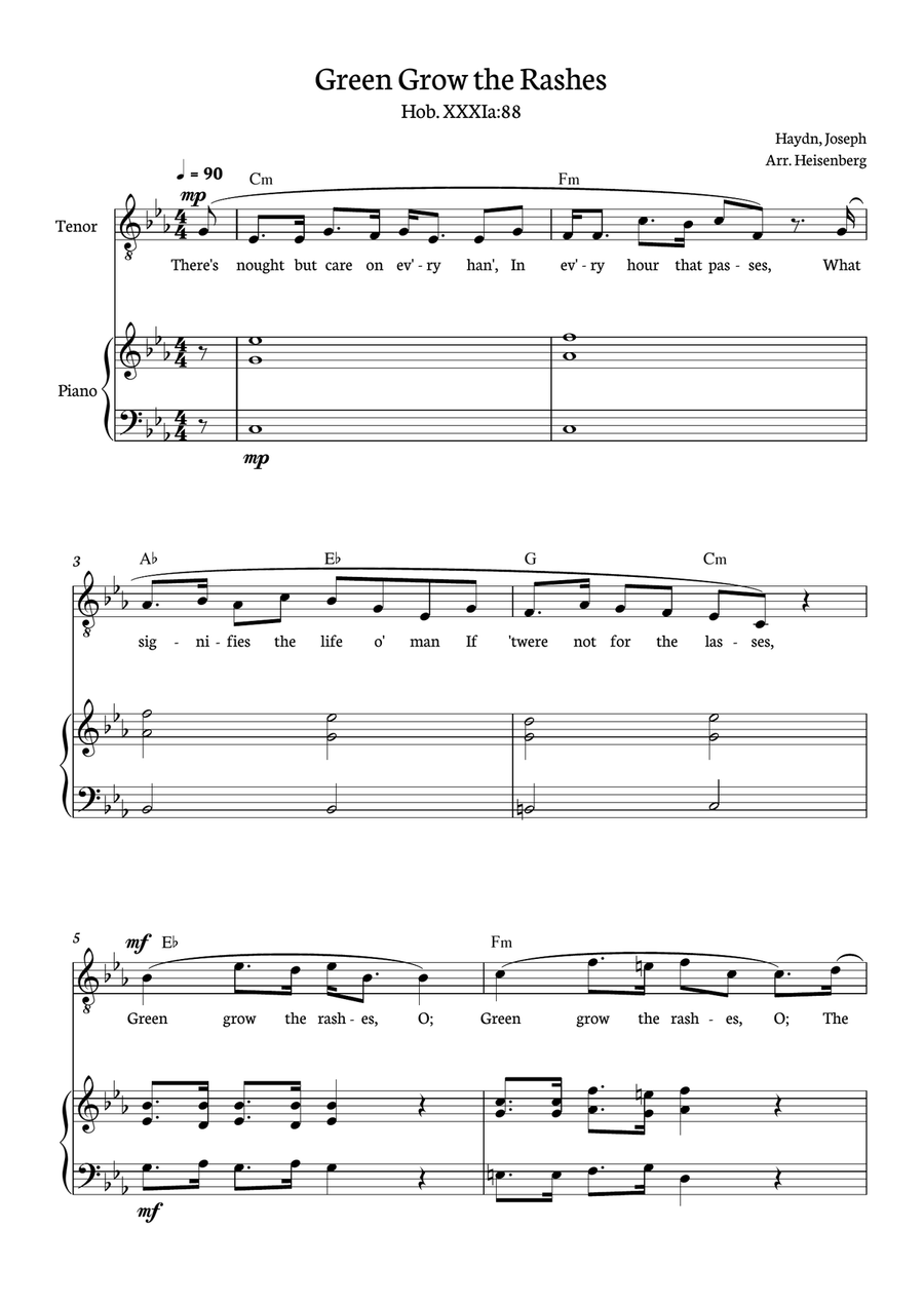 Joseph Haydn - Green Grow The Rashes for Tenor with Piano and chords in C minor. Piano, Vocal scores gallery preview page 1