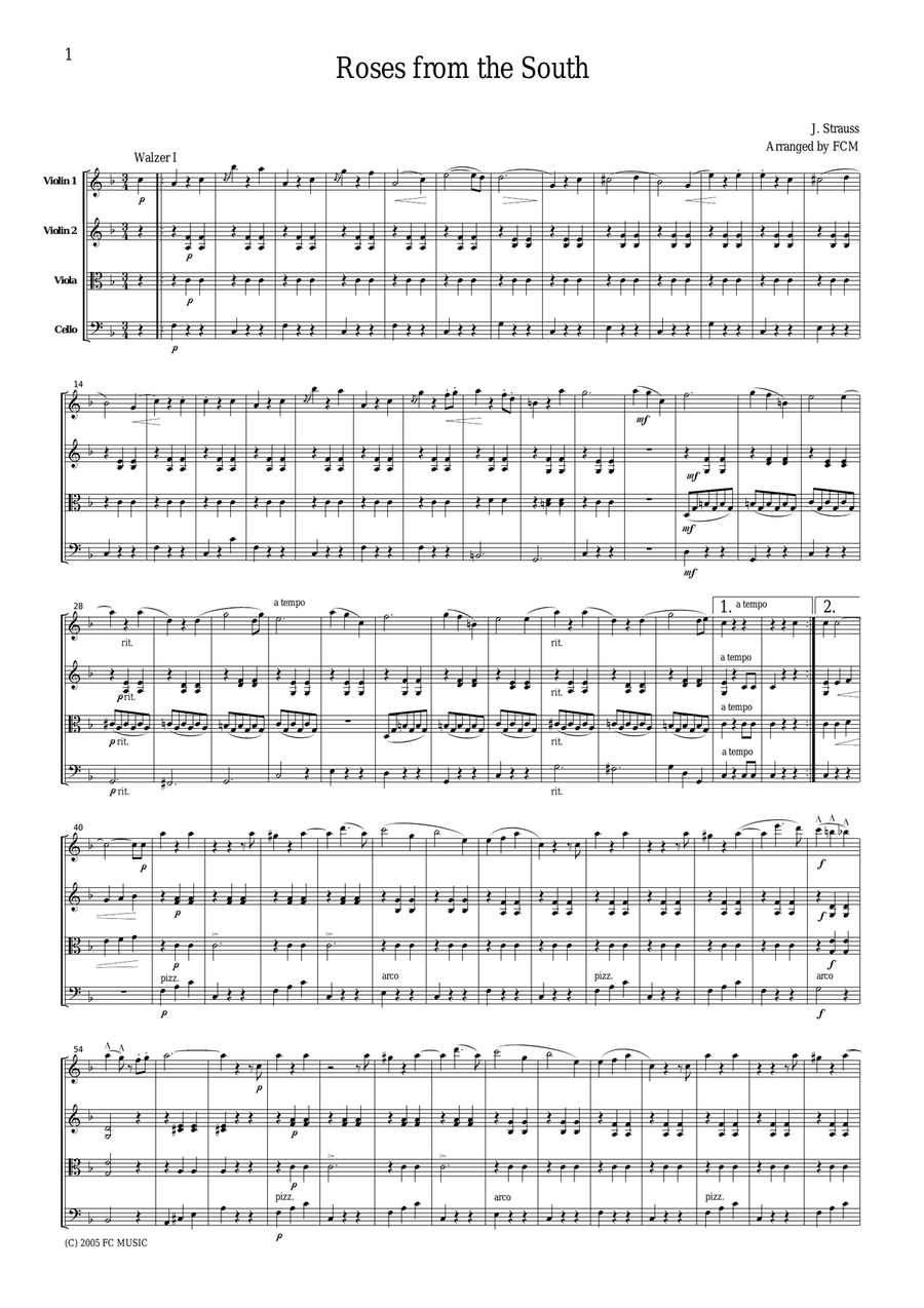 J.Strauss Roses from the South, for string quartet, CS106 String Quartet scores gallery preview page 1