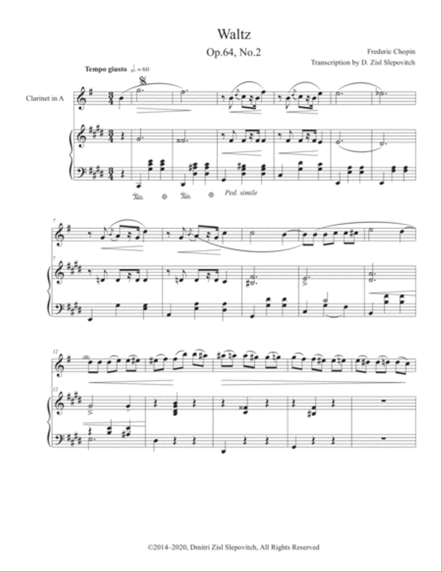 Chopin - Waltz op.64 No.2 for Clarinet in A and Piano A Clarinet scores gallery preview page 1