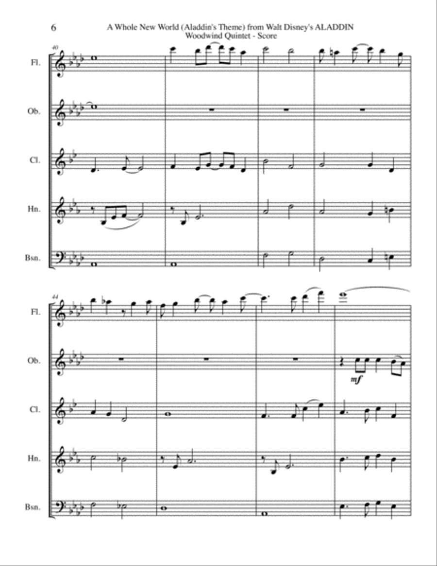 A Whole New World (from 'Aladdin') Woodwind Quintet scores gallery preview page 6