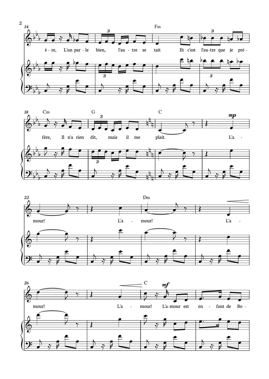 Habanera - Carmen for piano, chords and voice in C minor. Piano, Vocal scores gallery preview page 2