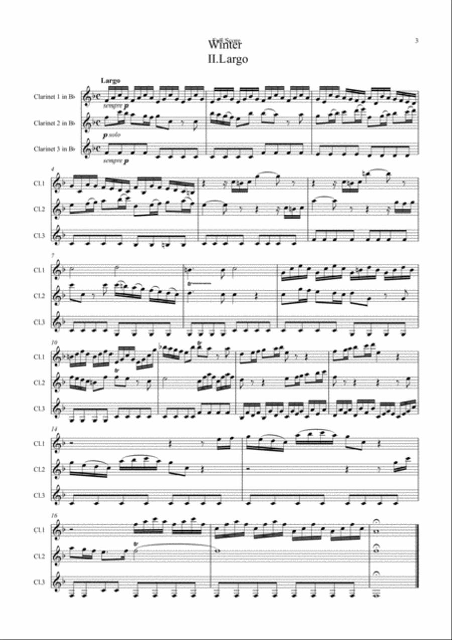 Vivaldi: The Four Seasons (Le quattro stagioni): A Suite of 4 Movements (easier and abridged) Clarinet Trio scores gallery preview page 3