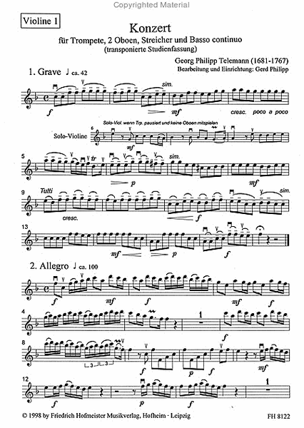 Konzert fur Trompete, 2 Oboen, Streicher, B.c./ Stimmen