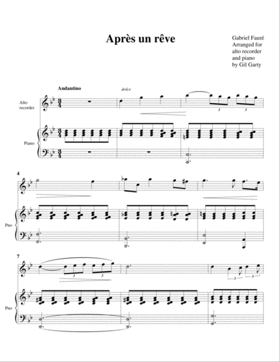 Après un rêve (arrangement for alto recorder and piano)