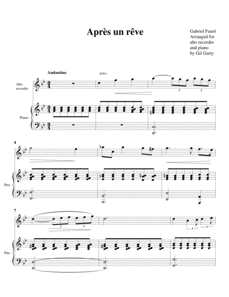Après un rêve (arrangement for alto recorder and piano)