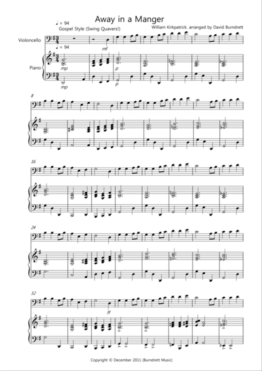 Away in a Manger (Gospel Style!) for Cello and Piano Away in a Manger (Gospel Style!) for Cello and Piano Piano scores gallery preview page 1