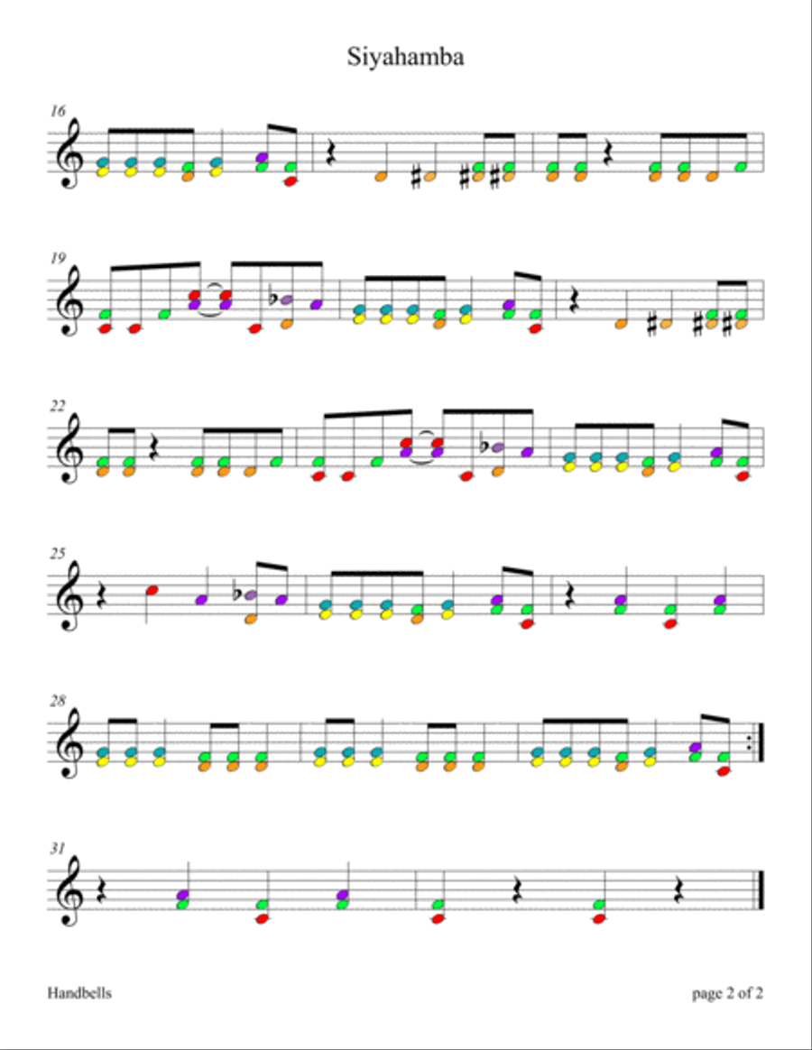 Siyahamba: We Are Marching in the Light of God (for 13-note Color Coded Bells and Boomwhackers) Handbell Choir scores gallery preview page 5