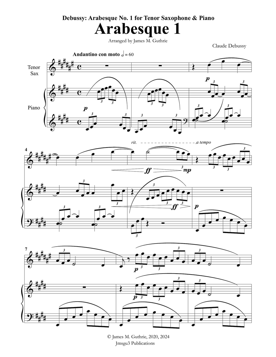 Debussy: Arabesque 1 for Tenor Sax & Piano Tenor Saxophone scores gallery preview page 1