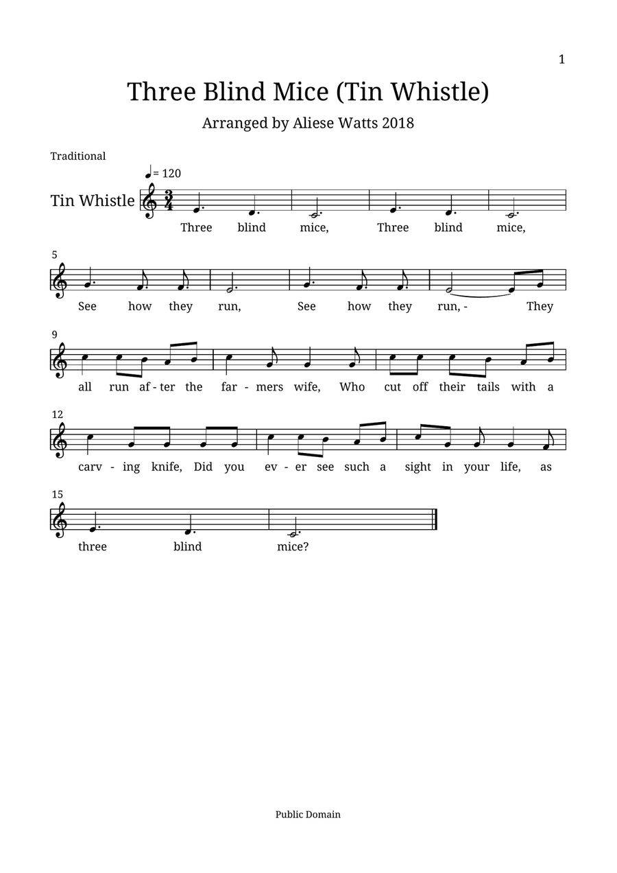Three Blind Mice (Tin Whistle) Tin Whistle scores gallery preview page 1