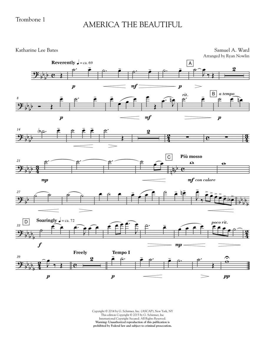 America, the Beautiful - Trombone 1 Choir scores gallery preview page 1