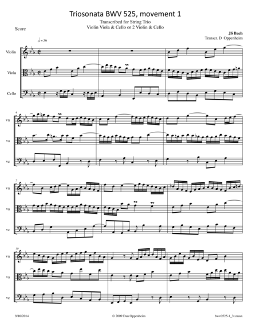 Bach: Triosonata BWV 525 1st movement arrange for Violin, Viola and Cello or 2 Violins, and Cello Small Ensemble scores gallery preview page 1