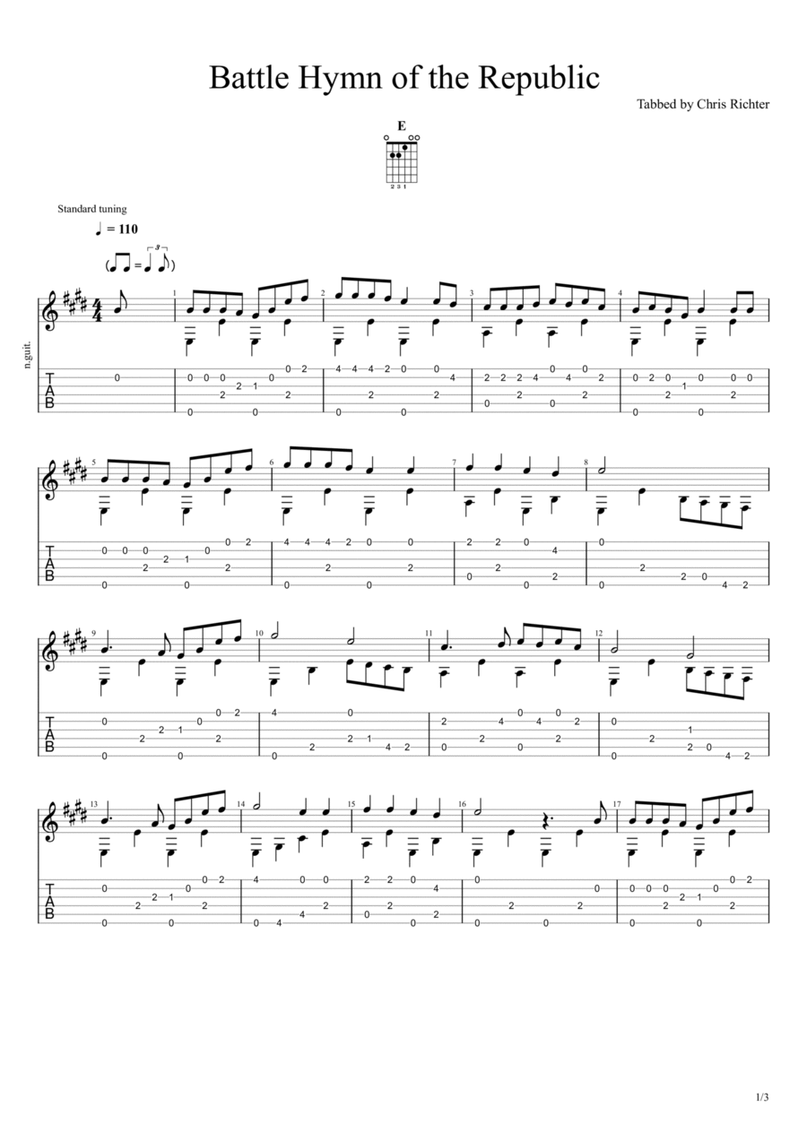 Battle Hymn of the Republic Guitar Tablature scores gallery preview page 1