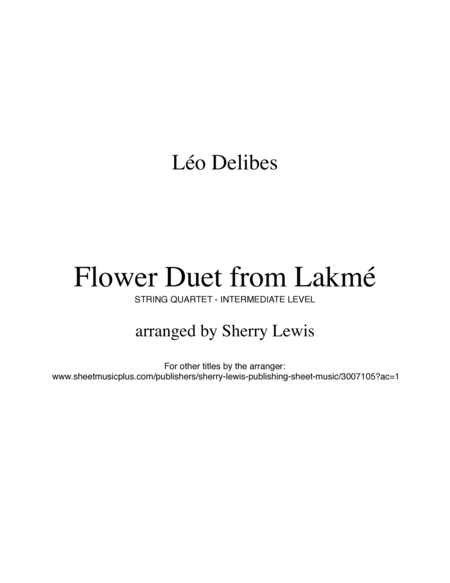 FLOWER DUET from Lakmè, String Quartet, Intermediate Level for 2 violins, viola and cello image number null