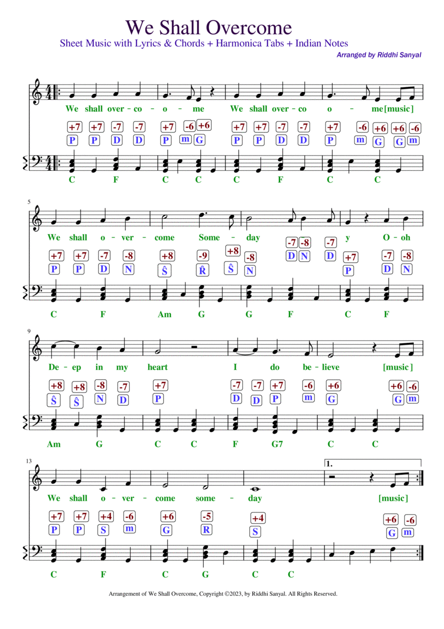 We Shall Overcome in Sheet Music with Lyrics & Chords, Harmonica Tabs & Indian Notation Piano, Vocal, Guitar scores gallery preview page 1