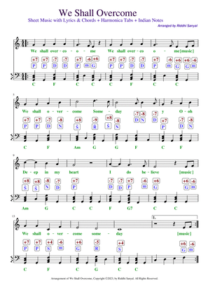 Book cover for We Shall Overcome in Sheet Music with Lyrics & Chords, Harmonica Tabs & Indian Notation
