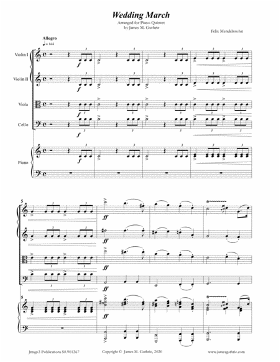Mendelssohn: Wedding March for Piano Quintet Mendelssohn: Wedding March for Piano Quintet Piano Quintet scores gallery preview page 1