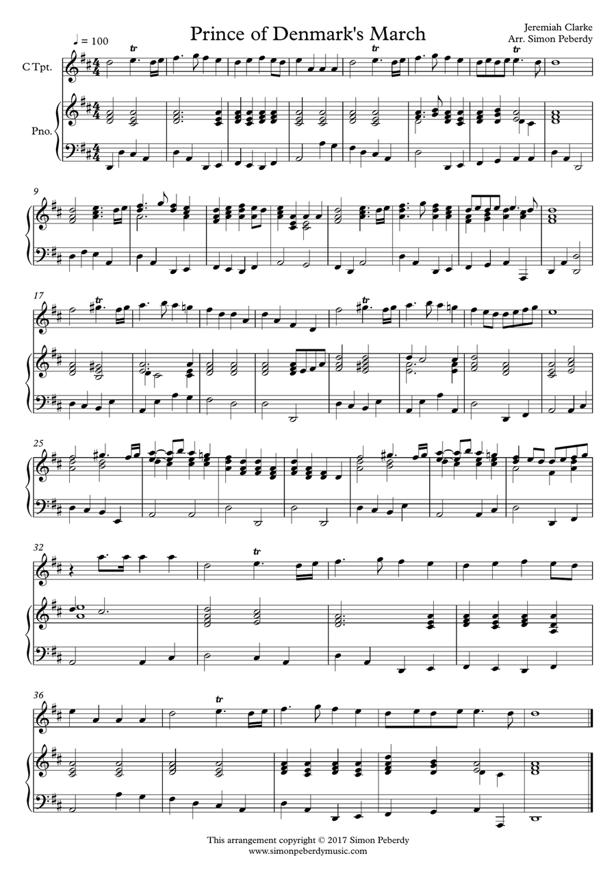 Prince of Denmark (Jeremiah Clarke) and Trumpet Tune (Henry Purcell), Arr. Trumpet and piano/organ b Trumpet Duet scores gallery preview page 3