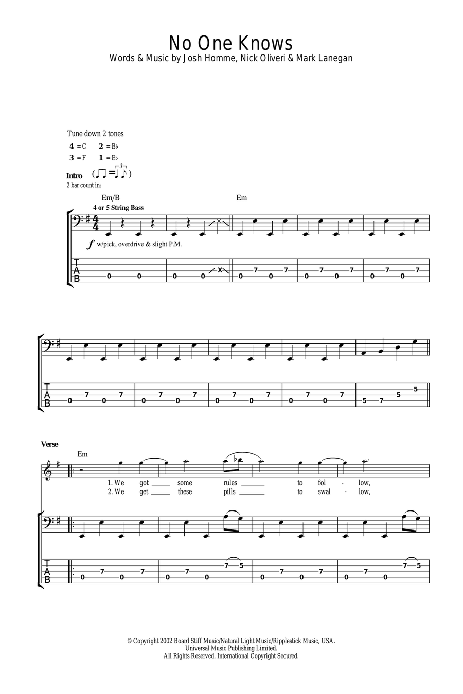 No One Knows No One Knows Bass Guitar Tablature scores gallery preview page 1