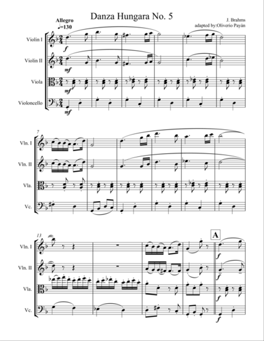 Hungarian Dance No. 5 by J. Brahms for String Quartet String Quartet scores gallery preview page 1