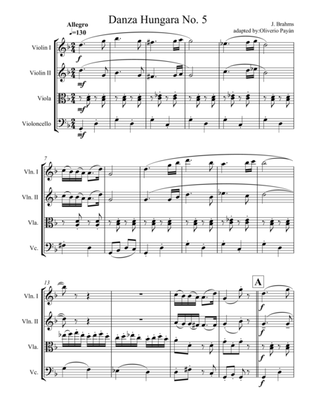 Hungarian Dance No. 5 by J. Brahms for String Quartet