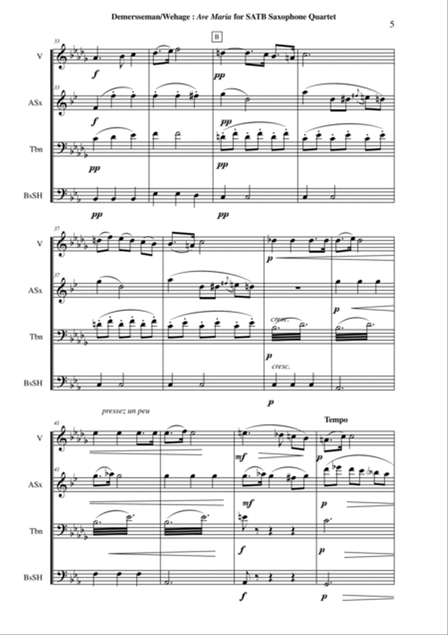 Jules Demersseman : Ave Maria for medium voice, alto saxophone, valve trombone and Bb bass saxhorn Small Ensemble scores gallery preview page 5