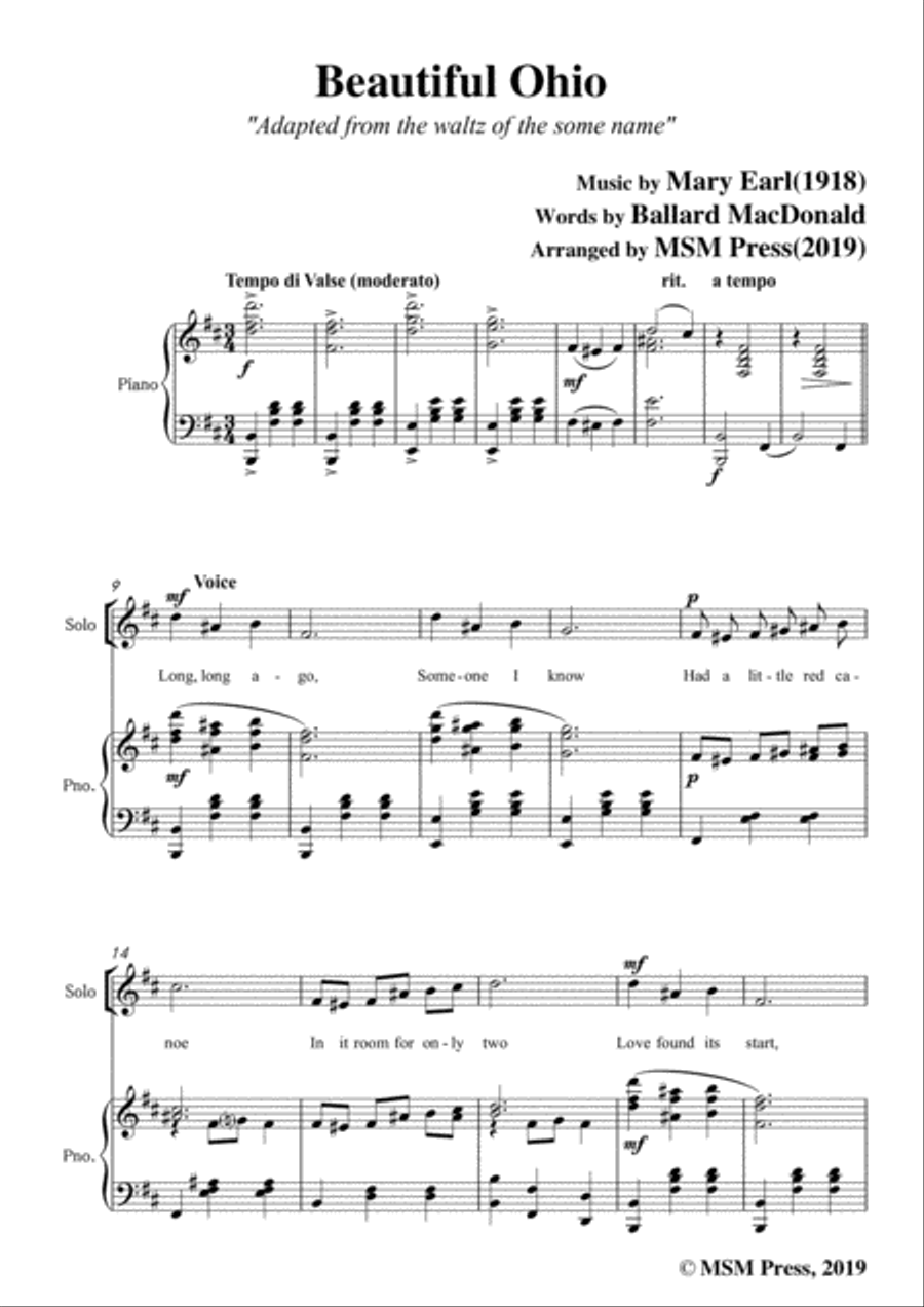Mary Earl-Beautiful Ohio,in D Major,for Voice and Piano Voice Solo scores gallery preview page 3