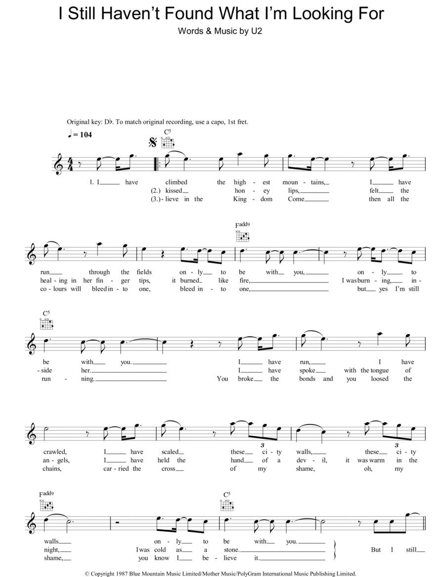 I Still Haven't Found What I'm Looking For Piano scores gallery preview page 1