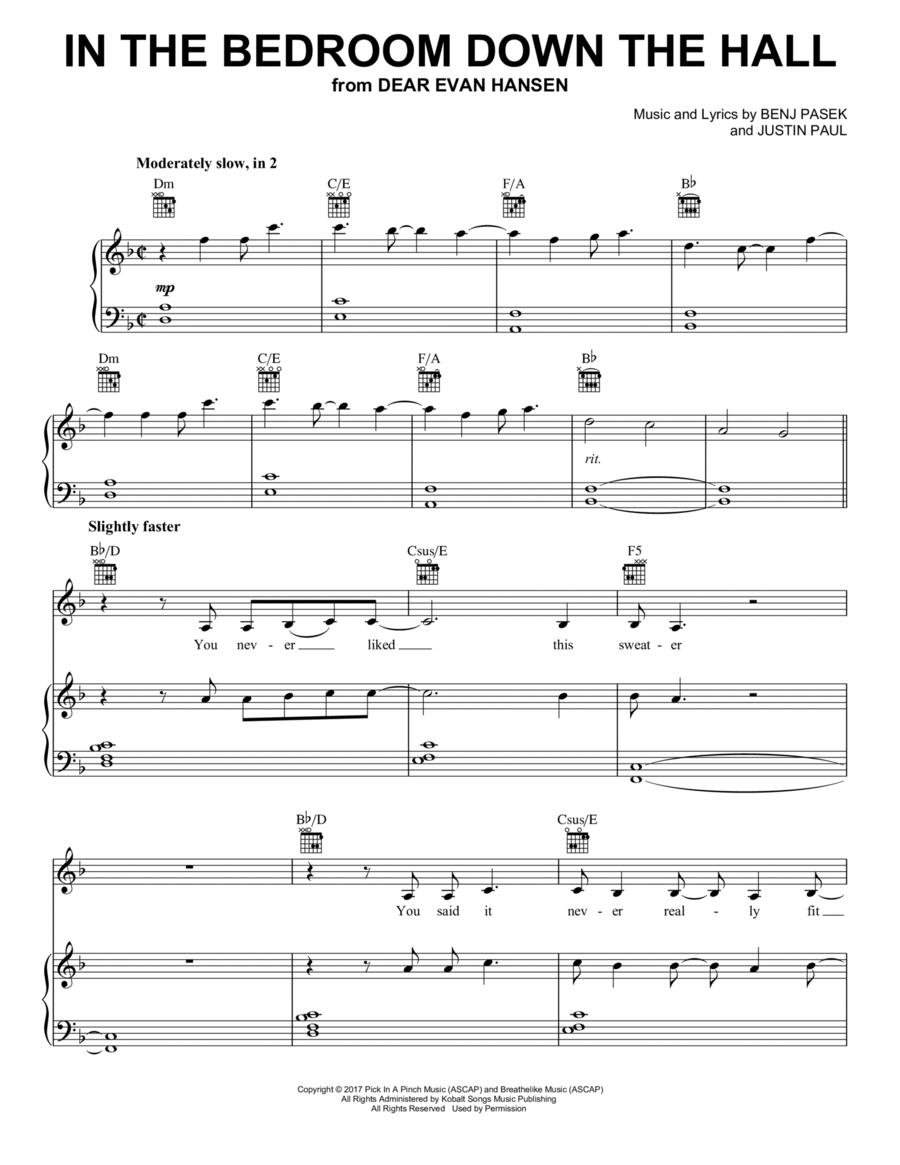 In The Bedroom Down The Hall (from Dear Evan Hansen) Piano, Vocal, Guitar scores gallery preview page 1