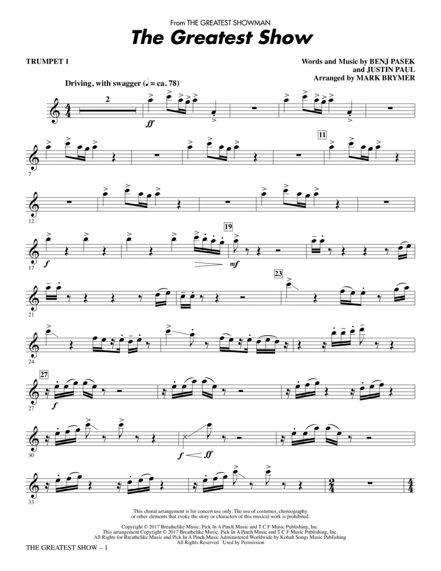 The Greatest Show (arr. Mark Brymer) - Trumpet 1 Choir scores gallery preview page 1