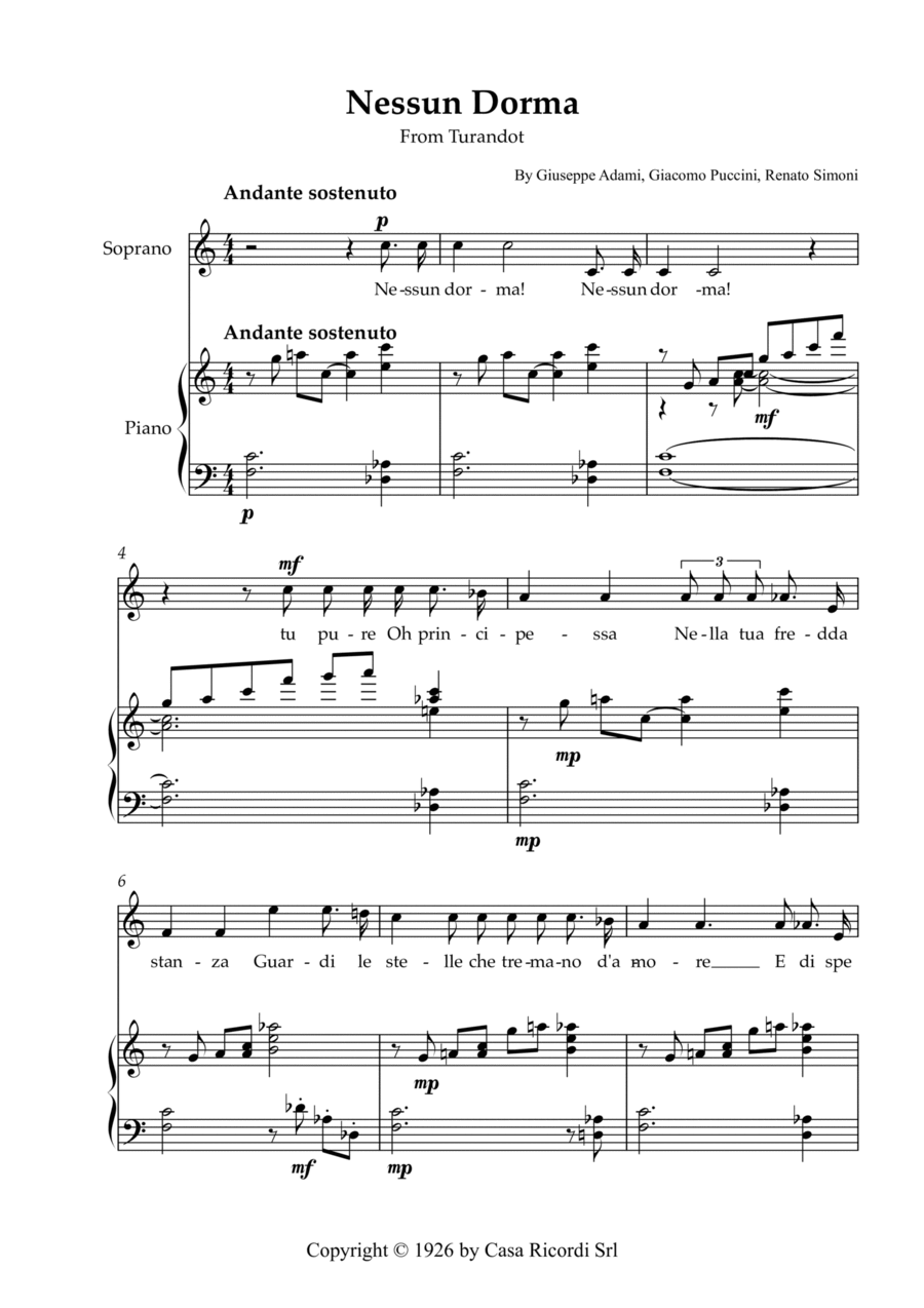 Nessun Dorma - Soprano & Piano Voice scores gallery preview page 1