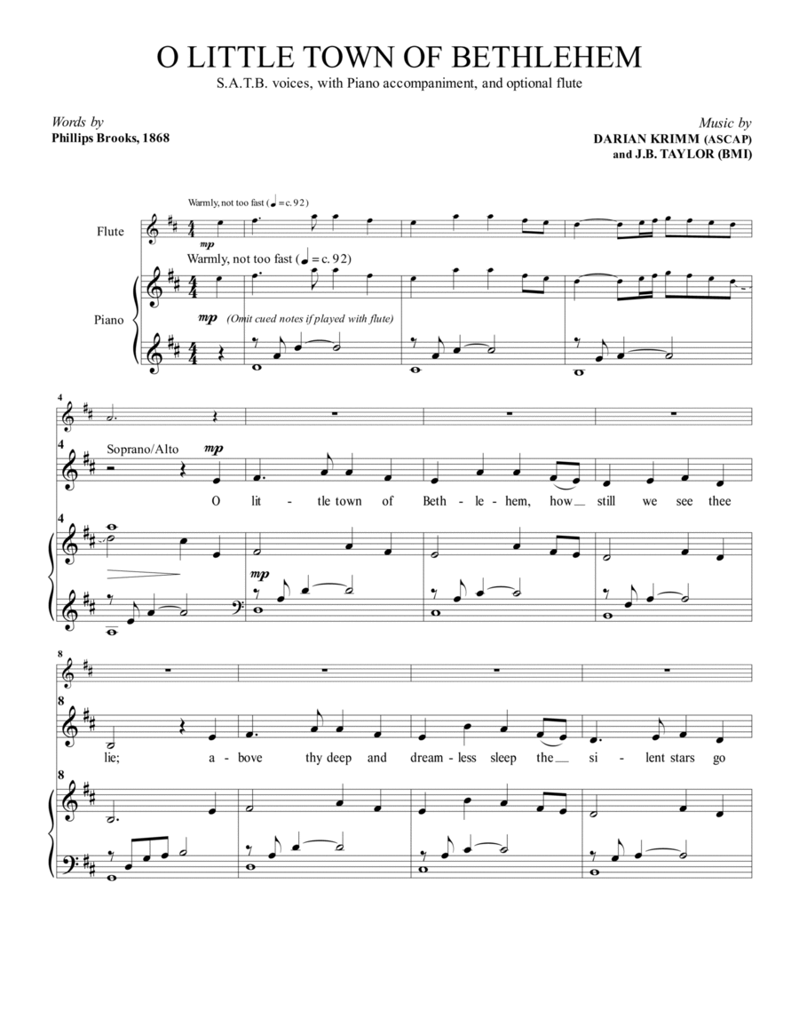 O Little Town of Bethlehem (For SATB choir and piano, with optional flute) image number null