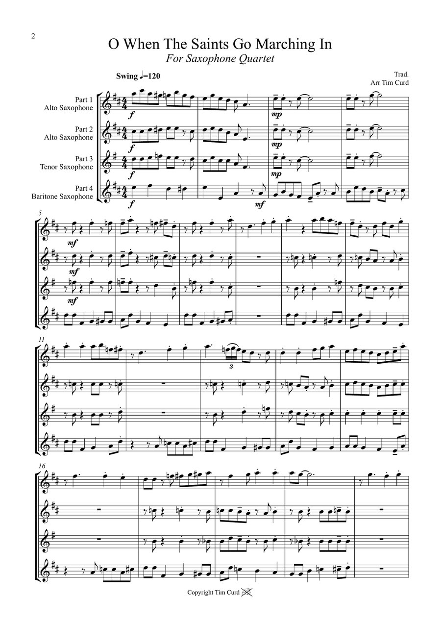 O When The Saints Go Marching In. For Saxophone Quartet Saxophone Quartet scores gallery preview page 2