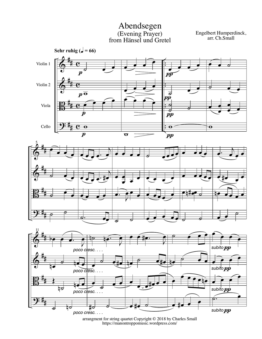 Evening Prayer - from Hänsel und Gretel - score String Quartet scores gallery preview page 1