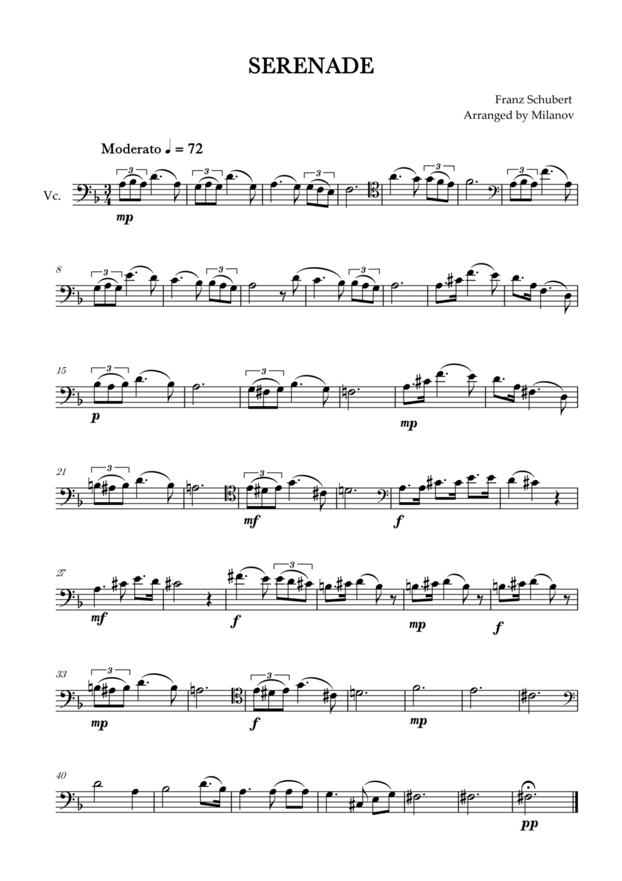 Serenade | Schubert | Cello Cello Solo scores gallery preview page 1